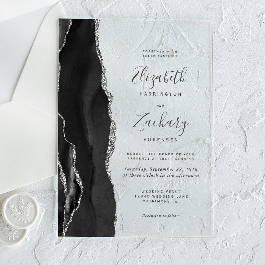 Invitations En Acrylique Mariage moderne Black Silver Agate