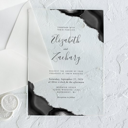 Invitations En Acrylique Mariage moderne Black Silver Agates Corners