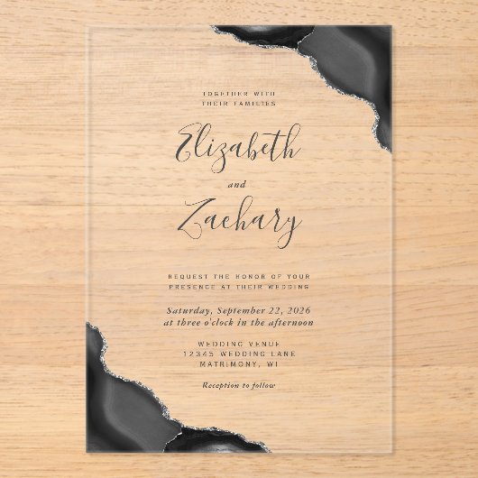 Invitations En Acrylique Mariage moderne Black Silver Agates Corners (Recto)