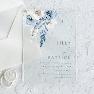 Invitations En Acrylique Mariage Moderne Blanc et Bleu Poussiéreux