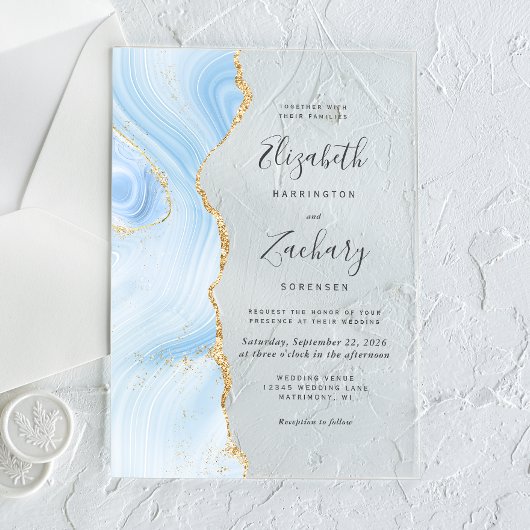 Invitations En Acrylique Mariage moderne Bleu Bleu Or Agate