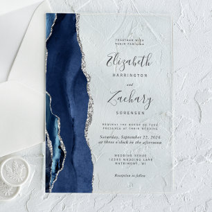 Invitations En Acrylique Mariage Moderne Bleu Nuit Agate Argent