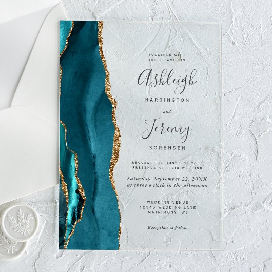 Invitations En Acrylique Mariage Moderne Bleu Sarcelle Agate Or