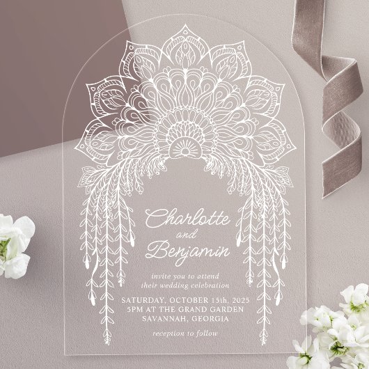 Invitations En Acrylique Mariage Moderne Bohème Blanc Mandala