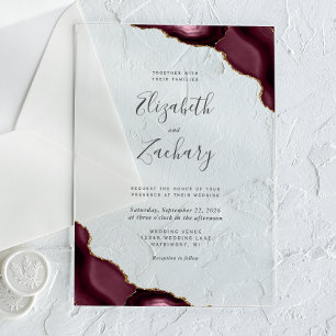 Invitations En Acrylique Mariage moderne Bourgogne Gold Agate Corners