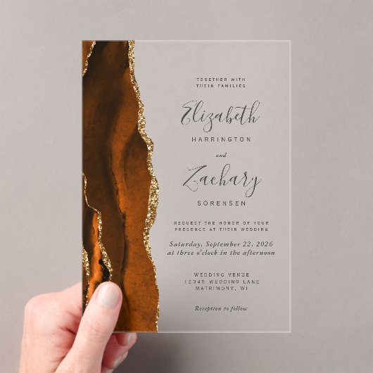 Invitations En Acrylique Mariage moderne Burnt Orange Gold Agate (In situ (ordinateur de poche))