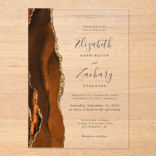 Invitations En Acrylique Mariage moderne Burnt Orange Gold Agate (Recto)