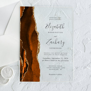 Invitations En Acrylique Mariage moderne Burnt Orange Gold Agate