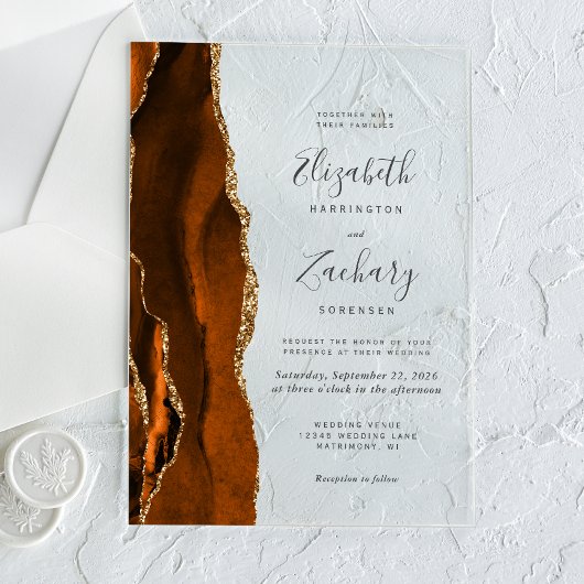 Invitations En Acrylique Mariage moderne Burnt Orange Gold Agate