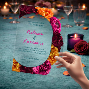 Invitations En Acrylique Mariage moderne chic rose chaud vert vert jaune fl