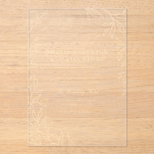 Invitations En Acrylique Mariage Moderne Élégant Feuille Minimal Or (Recto)