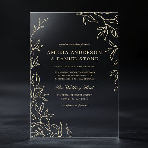 Invitations En Acrylique Mariage Moderne Élégant Feuille Minimal Or