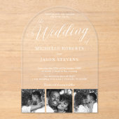 Invitations En Acrylique Mariage moderne en bande de 3 photos en noir et bl (Recto)