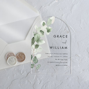 Invitations En Acrylique Mariage Moderne Feuilles Aquarelle Vert Sauge