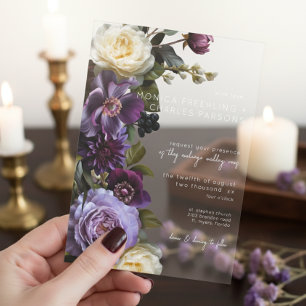 Invitations En Acrylique Mariage Moderne Floral Violet Lavande Sombre et Él