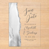 Invitations En Acrylique Mariage Moderne Gris Agate Blanc Argent Script (Recto)