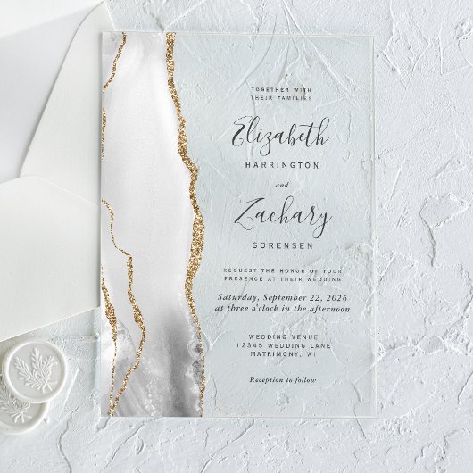 Invitations En Acrylique Mariage Moderne Gris Blanc Or Agate