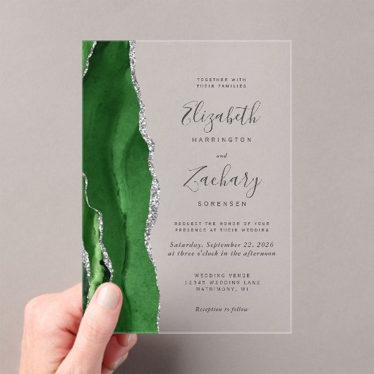 Invitations En Acrylique Mariage moderne Hunter Green Silver Agate (In situ (ordinateur de poche))