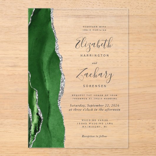 Invitations En Acrylique Mariage moderne Hunter Green Silver Agate (Recto)