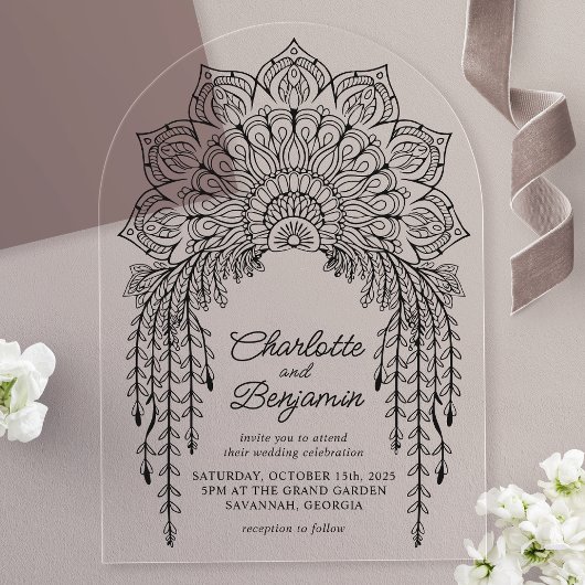 Invitations En Acrylique Mariage Moderne Mandala Boho Noir