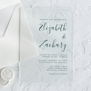 Invitations En Acrylique Mariage Moderne Minimaliste Émeraude Vert Script