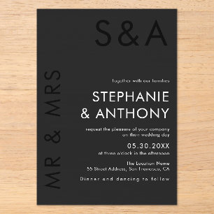 Invitations En Acrylique Mariage Moderne Minimaliste Monogramme Noir et Bla