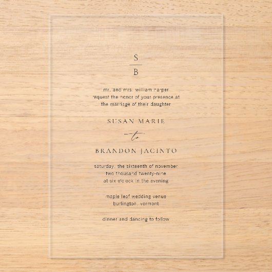 Invitations En Acrylique Mariage Moderne Noir et Blanc avec Monogramme (Recto)