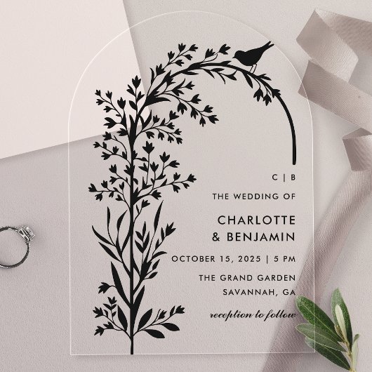 Invitations En Acrylique Mariage Moderne Oiseau Noir et Branche