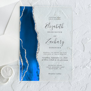 Invitations En Acrylique Mariage Moderne Royal Bleu Agate Argent