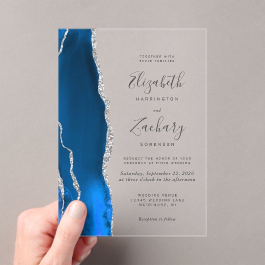 Invitations En Acrylique Mariage moderne Royal Blue Silver Agate (In situ (ordinateur de poche))