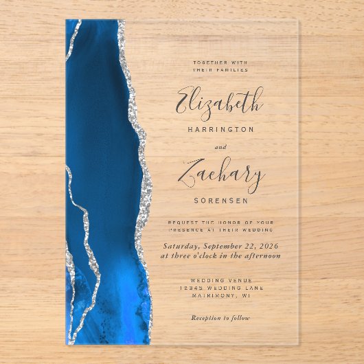 Invitations En Acrylique Mariage moderne Royal Blue Silver Agate (Recto)