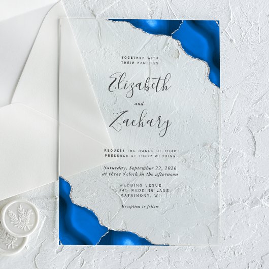 Invitations En Acrylique Mariage moderne Royal Blue Silver Agate Corners