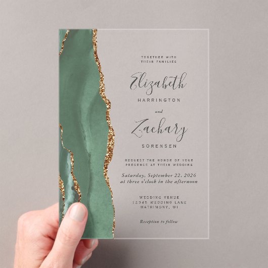 Invitations En Acrylique Mariage moderne Sage Green Gold Agate (In situ (ordinateur de poche))