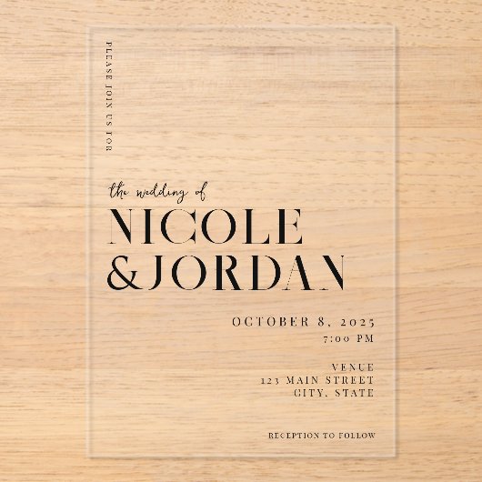Invitations En Acrylique Mariage moderne simple et chic (Recto)