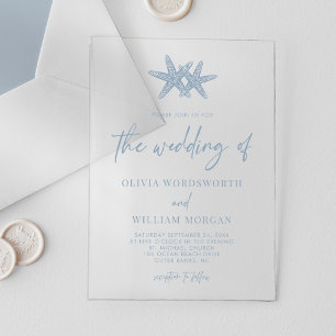 Invitations En Acrylique Mariage Moderne Starfish Beach Script Bleu Poussié
