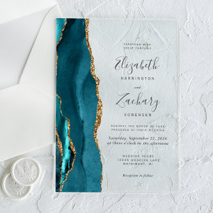 Invitations En Acrylique Mariage moderne Turquoise Blue Gold Agate