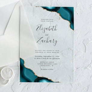 Invitations En Acrylique Mariage moderne Turquoise Blue Gold Agate Corners