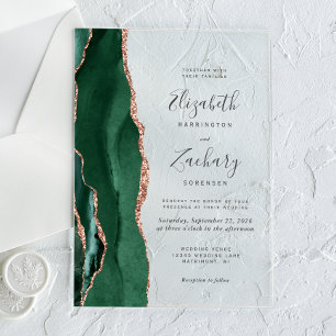 Invitations En Acrylique Mariage Moderne Vert Émeraude Rose Or Agate