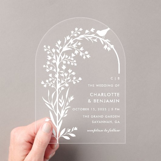 Invitations En Acrylique Mariage moderne White Bird and Branch (In situ (ordinateur de poche))