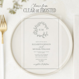 Invitations En Acrylique Mariage Monogramme à Crête de Feuilles Vertes d'Eu