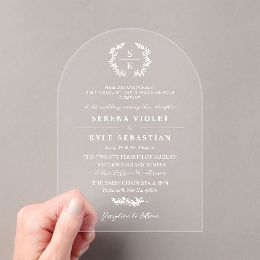 Invitations En Acrylique Mariage Monogramme Couronne Typographie Arch Blanc (In situ (ordinateur de poche))