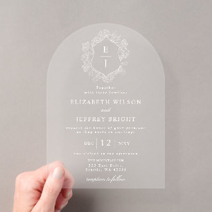Invitations En Acrylique Mariage Monogramme Crête Florale Bleu Poussiéreux