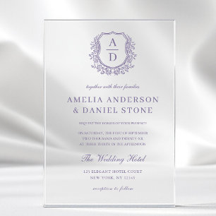 Invitations En Acrylique Mariage Monogramme Crête Florale Violet Lavande
