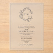 Invitations En Acrylique Mariage Monogramme de la marine moderne Blue Leafy (Recto)
