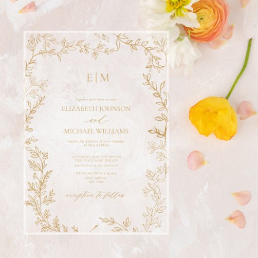 Invitations En Acrylique Mariage monogramme écoresponsable minimum feuille