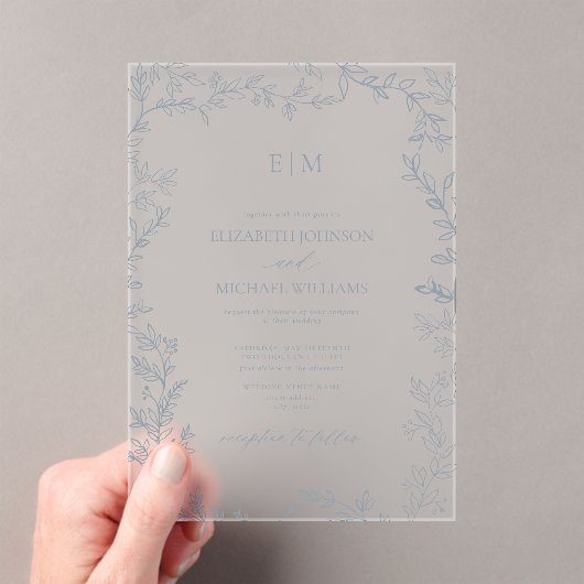 Invitations En Acrylique Mariage Monogramme Élégant bleu à feuilles minimal (In situ (ordinateur de poche))