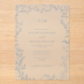 Invitations En Acrylique Mariage Monogramme Élégant bleu à feuilles minimal (Recto)