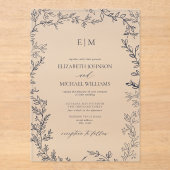 Invitations En Acrylique Mariage Monogramme Élégant bleu marine à feuilles  (Recto)