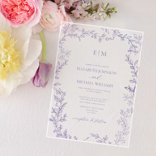 Invitations En Acrylique Mariage Monogramme Élégant pour Lavande Feuille Mi