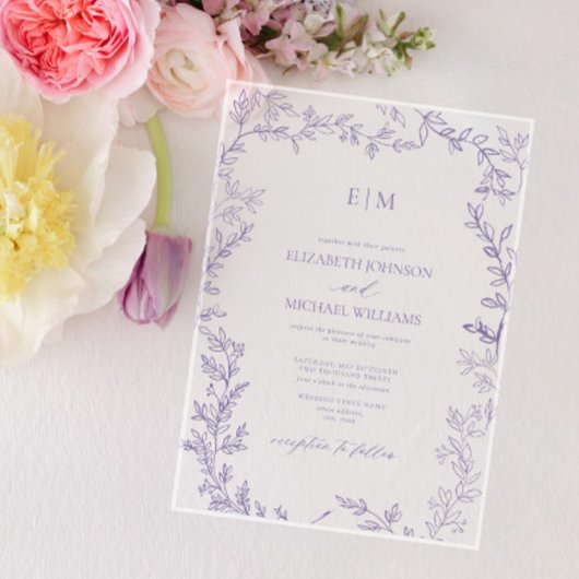 Invitations En Acrylique Mariage Monogramme Élégant pour Lavande Feuille Mi